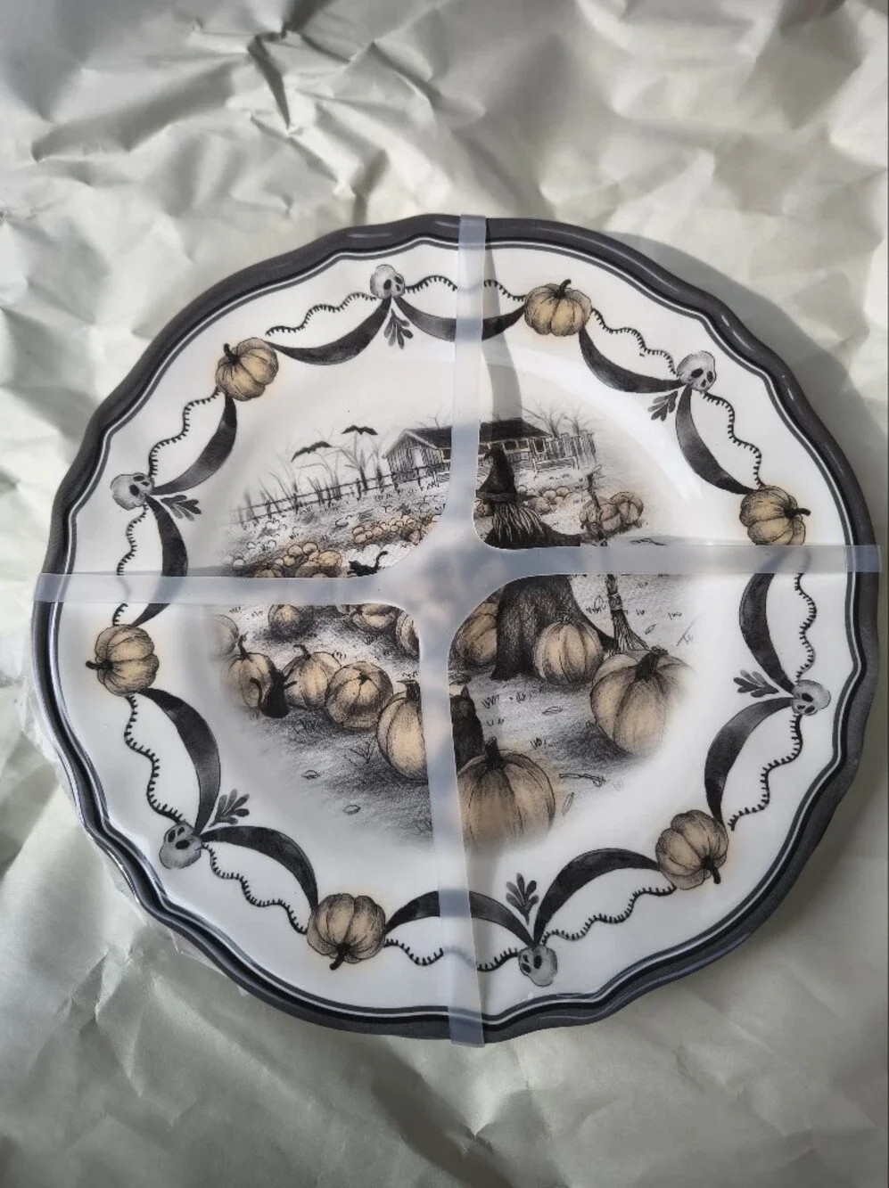 Set of 4 Melamine Halloween Witch In A Pumpkin Patch Appetizer/Dessert Plates